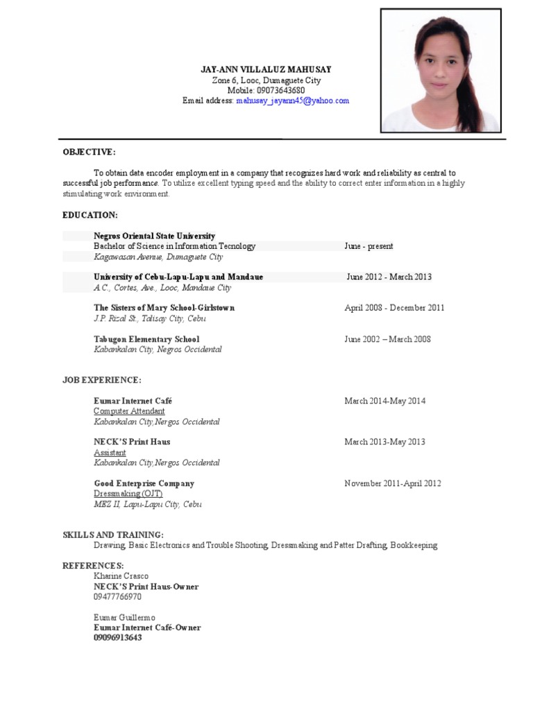 Data Encoder Resume of Jay-Ann Mahusay | PDF