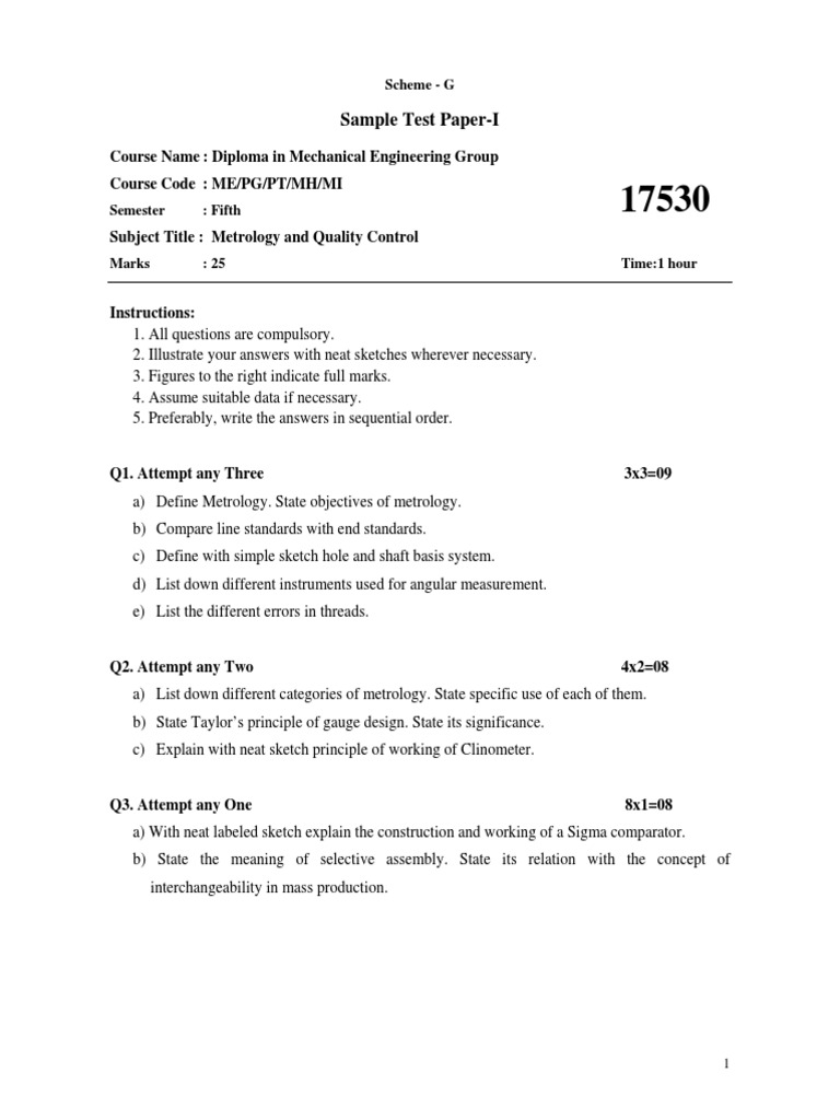 Metrology and Quality Control Exam Paper | PDF | Metrology | Six Sigma