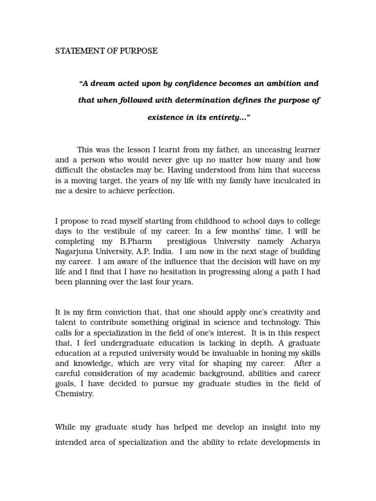 Sample SOP Pharmacy Chemistry PDF Pharmacology Graduate School