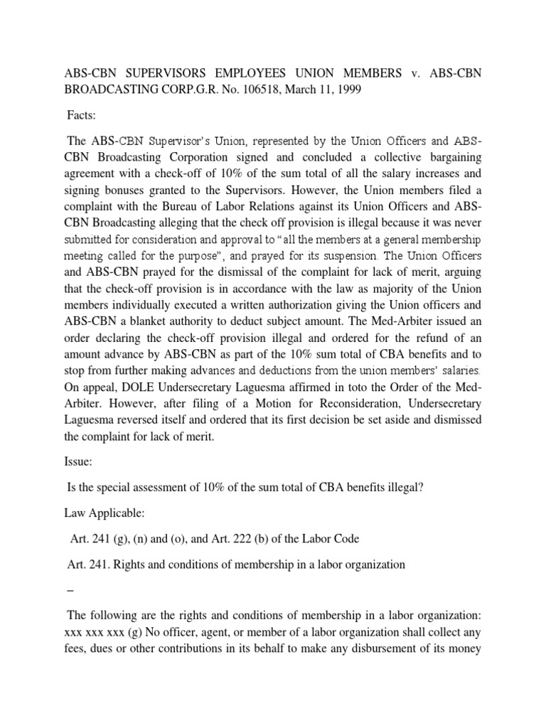 ABS-CBN Union Check-Off Legality Case | PDF | Collective Bargaining ...