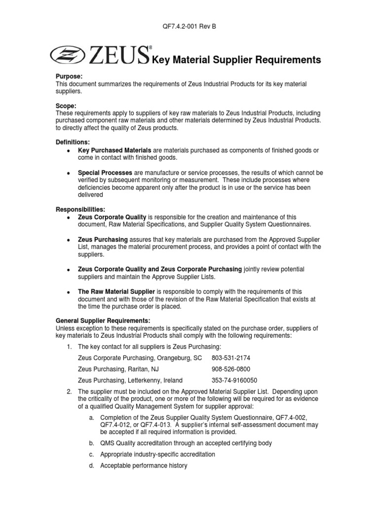 Raw Material Supplier Requirements PDF Supply Chain Specification