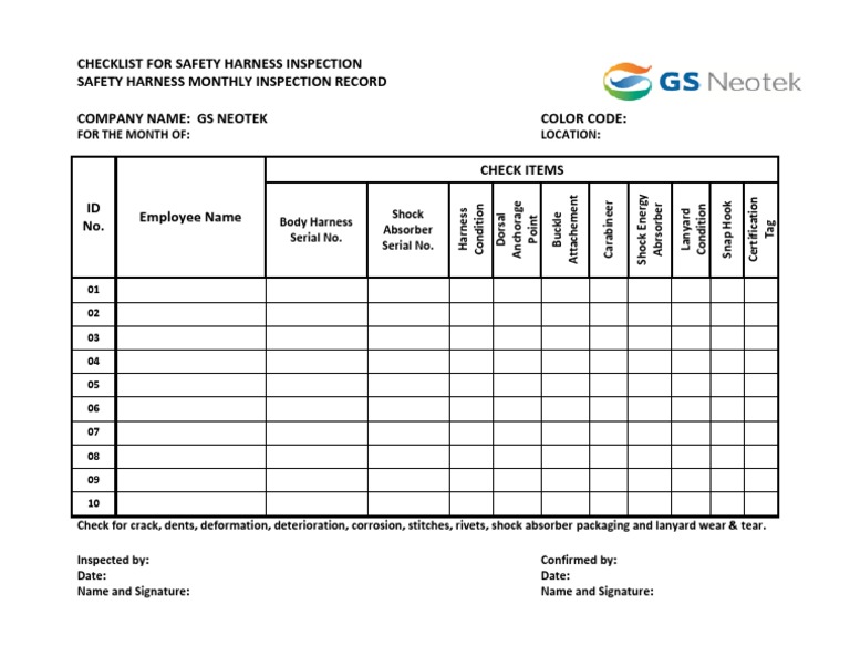 Monthly Safety Harness Inspection Checklist | PDF