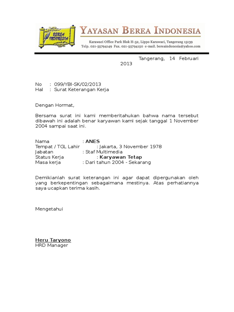 Surat Keterangan Kerja Anes