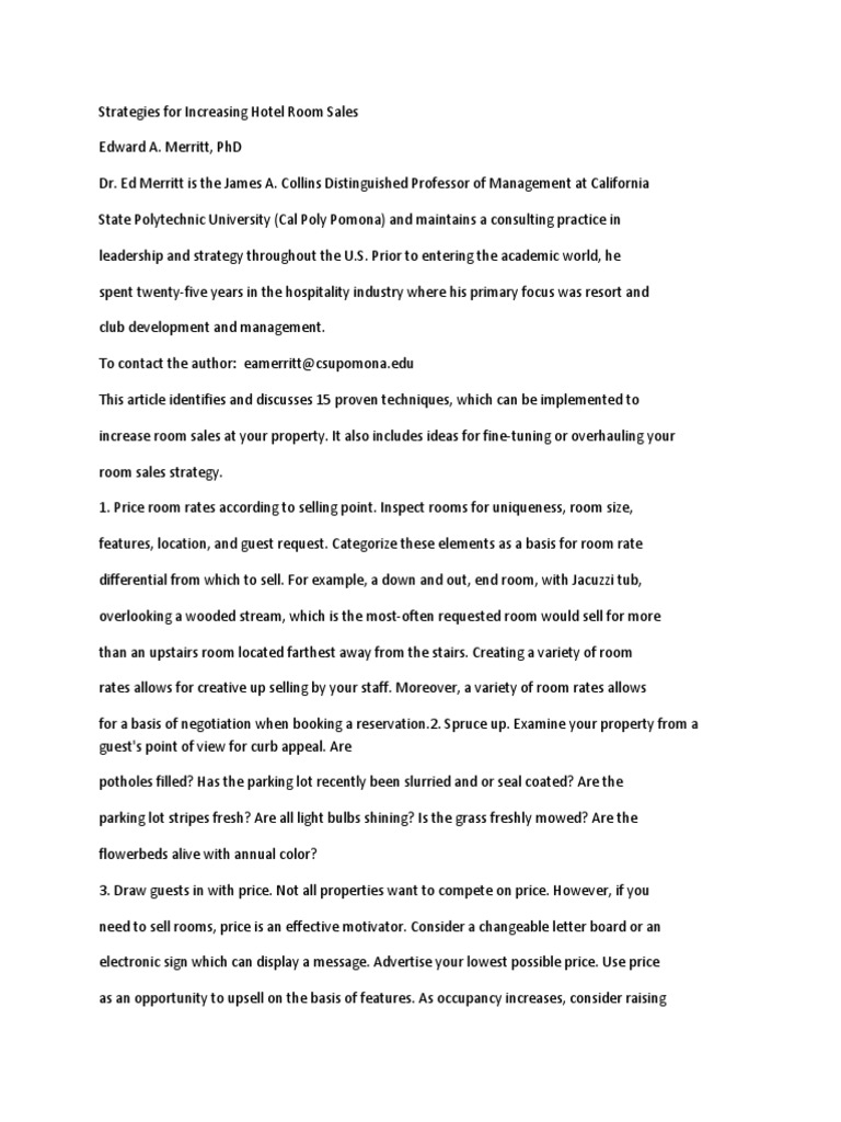 Strategies For Increasing Hotel Room Sales PDF Lighting Quality