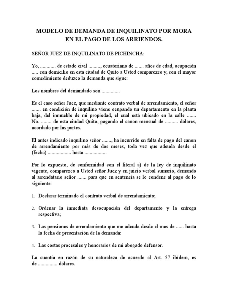 Modelo de Demanda de Inquilinato Por Mora en El Pago de Lo 1 | PDF