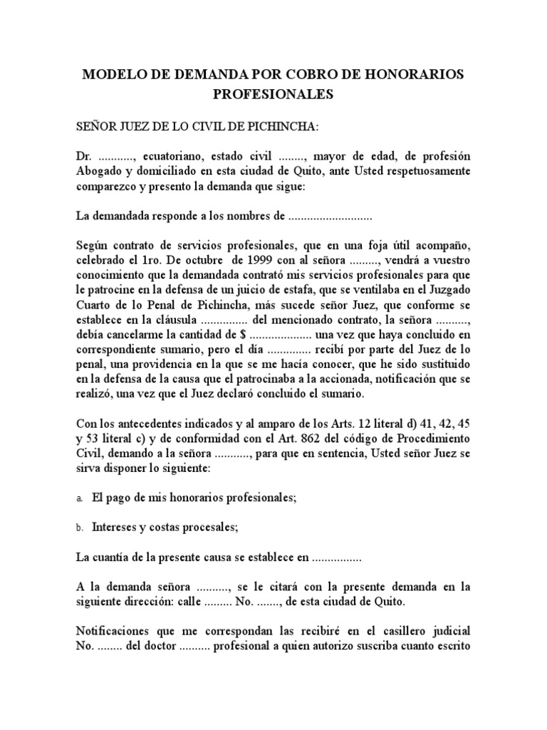 Modelo de Demanda Por Cobro de Honorarios Profesionales | PDF