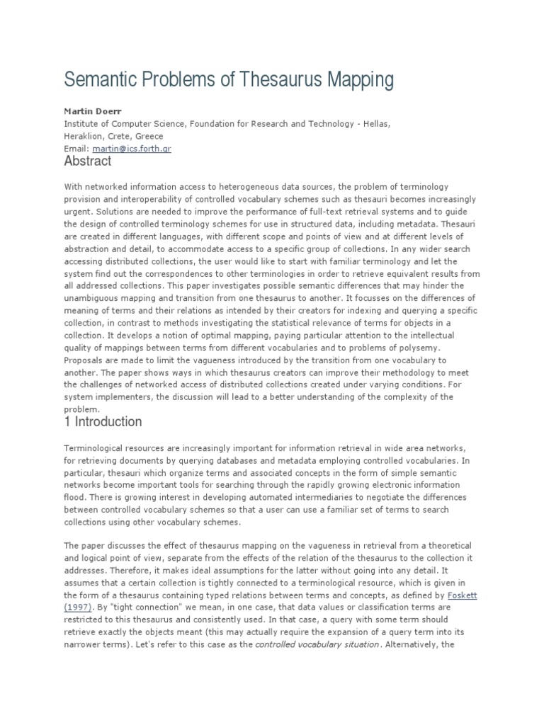 Semantic Problems of Thesaurus Mapping Martin Doerr PDF Hierarchy