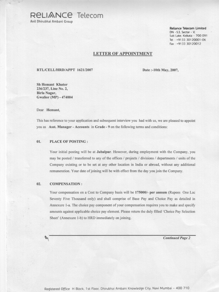 reliance offer letter Know How Government Information