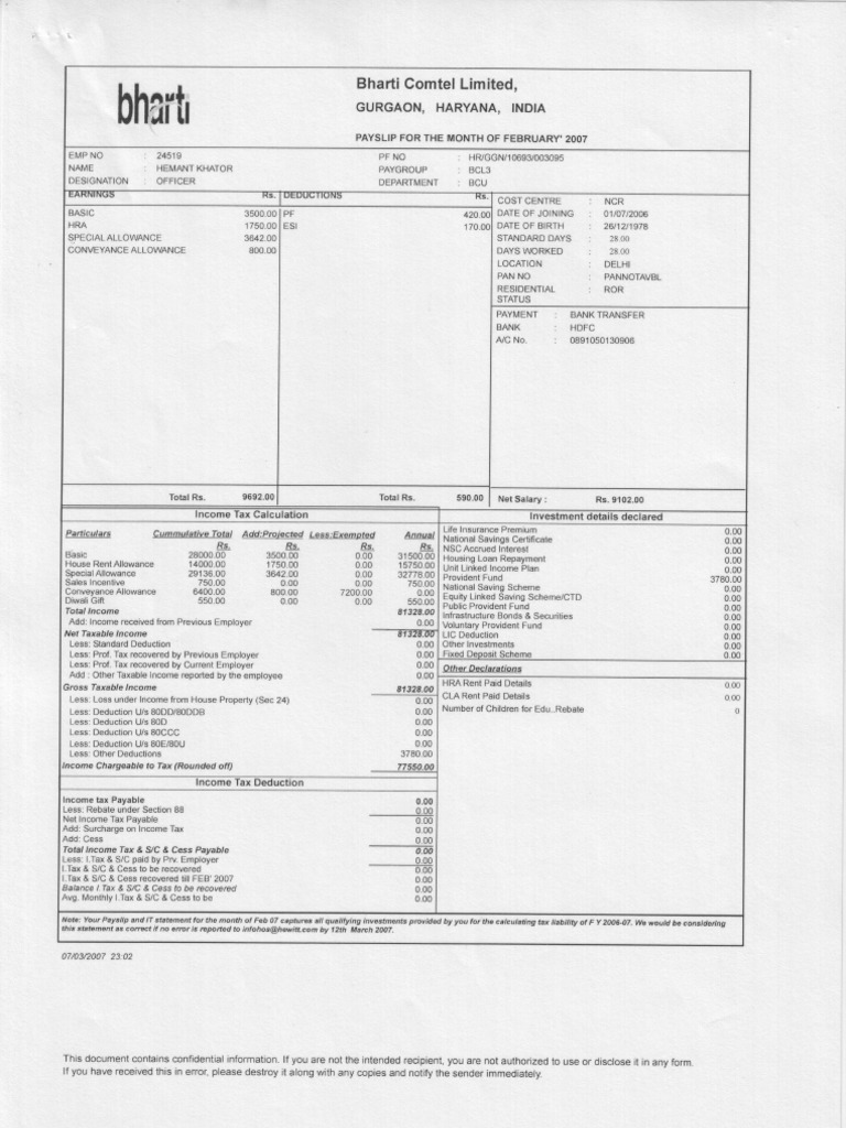 Salary Slip Airtel Tax Deduction Income Tax