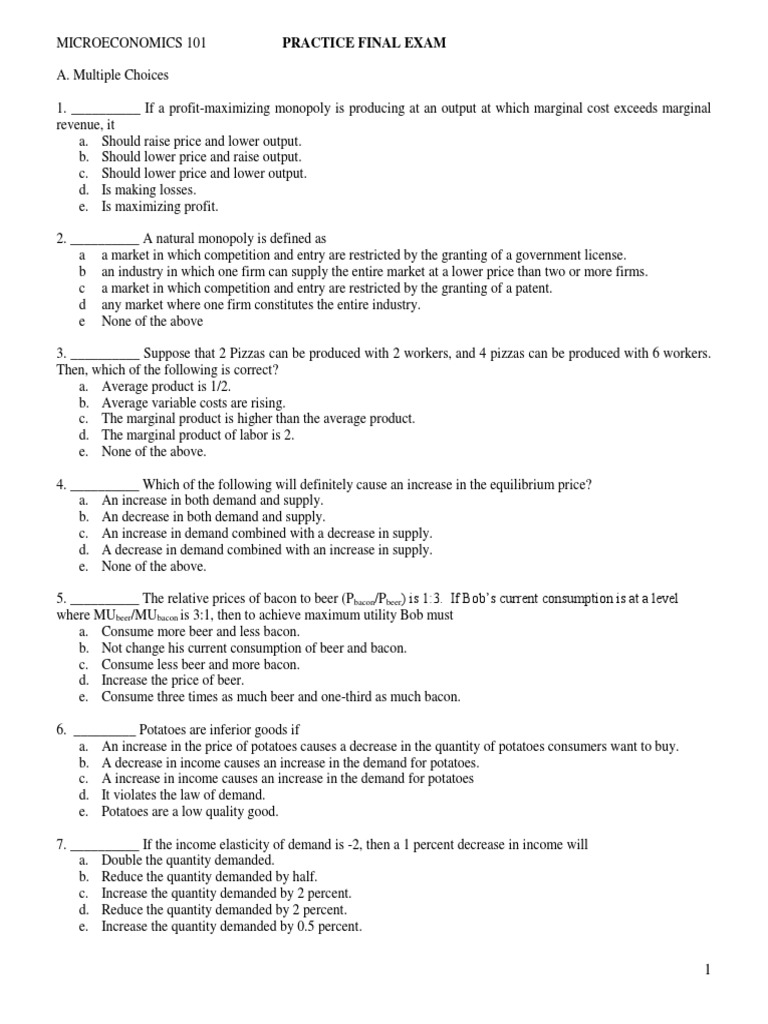 Microeconomics 101 Practice Final Exam | PDF | Monopoly | Perfect ...