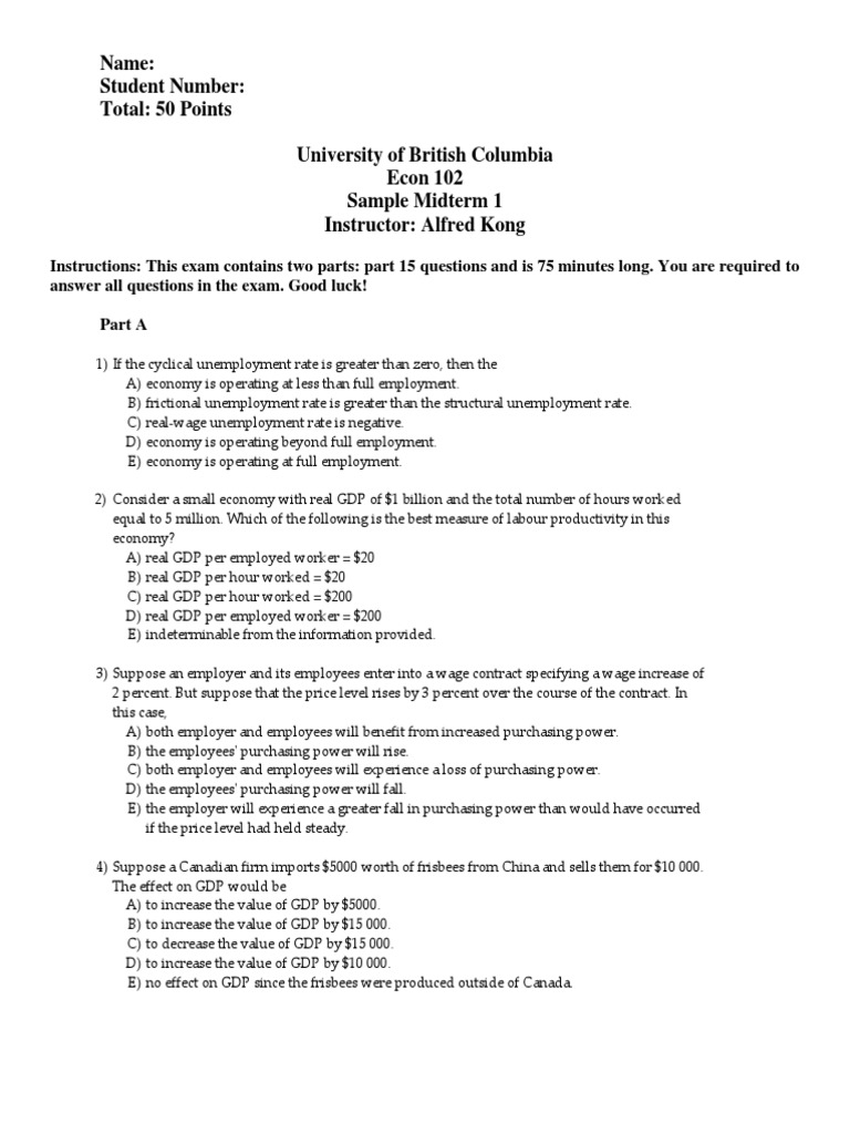 UBC Econ 102 Sample Midterm Exam | PDF | Output (Economics) | Gross ...