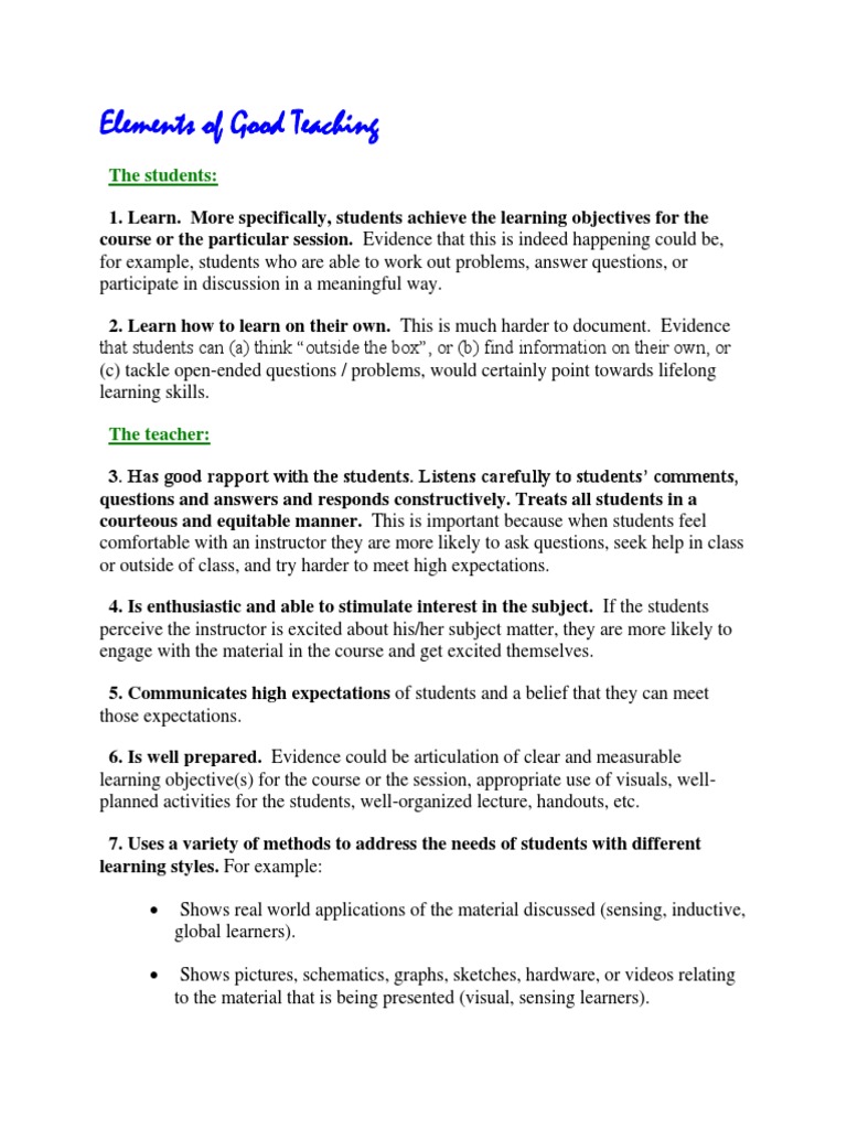 Elements of Good Teaching | PDF | Lecture | Learning