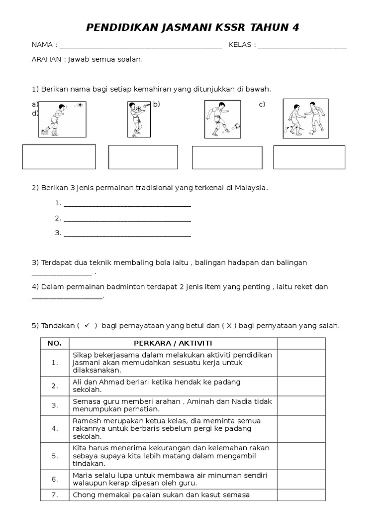 Latihan Pendidikan Kesihatan Tahun 4 Unit 1  Pendidikan Jasmani Dan