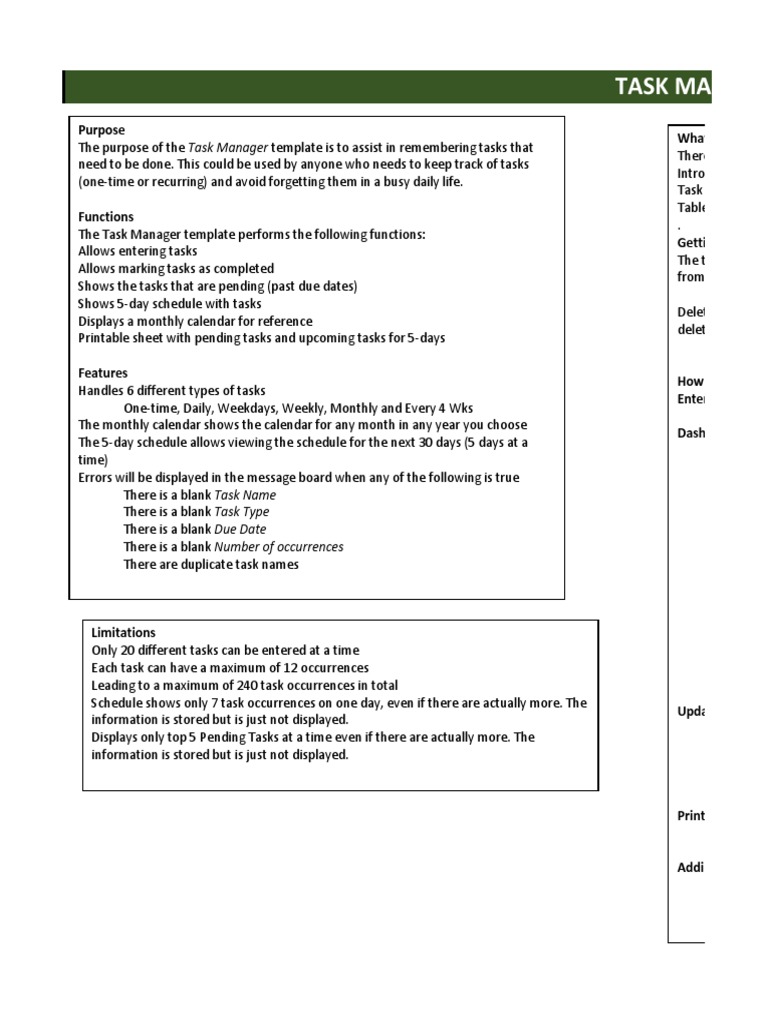 Task Manager: Purpose What's in The Template? | PDF | Finance & Money ...