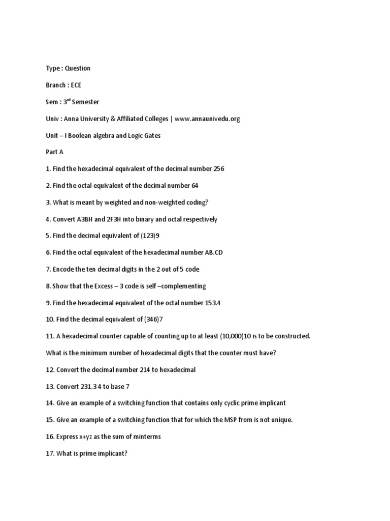 EC2203 Digital Electronics Question Bank PDF Logic Gate