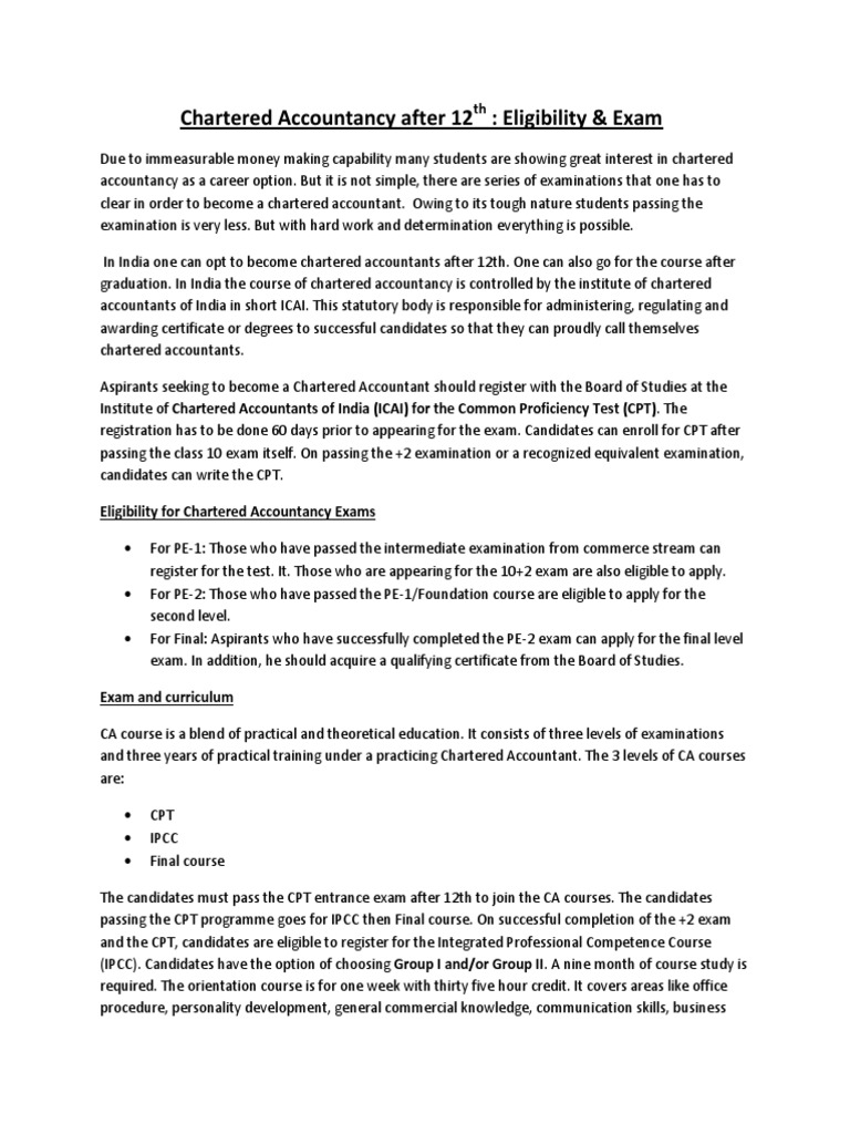 Chartered Accountancy After 12th PDF Test (Assessment) Accountant