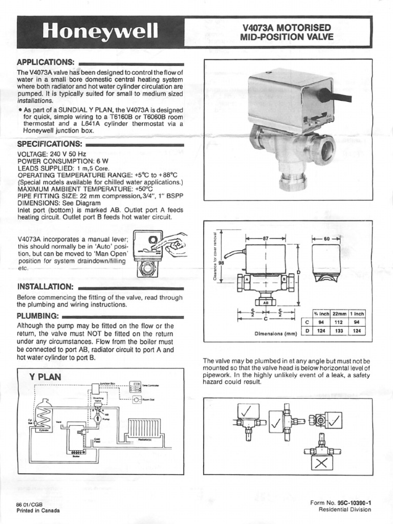 Honeywell V4073A Motorised MidPosition Valve PDF