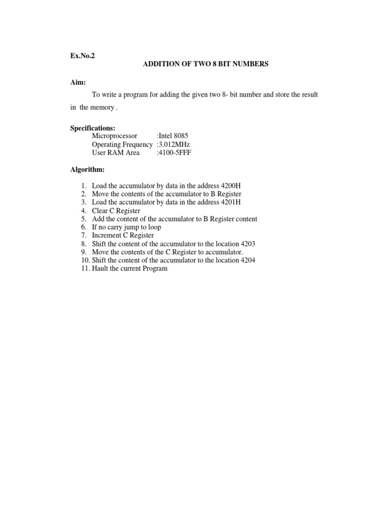 Addition of Two 8 Bit Numbers Aim | PDF | Assembly Language | Central ...