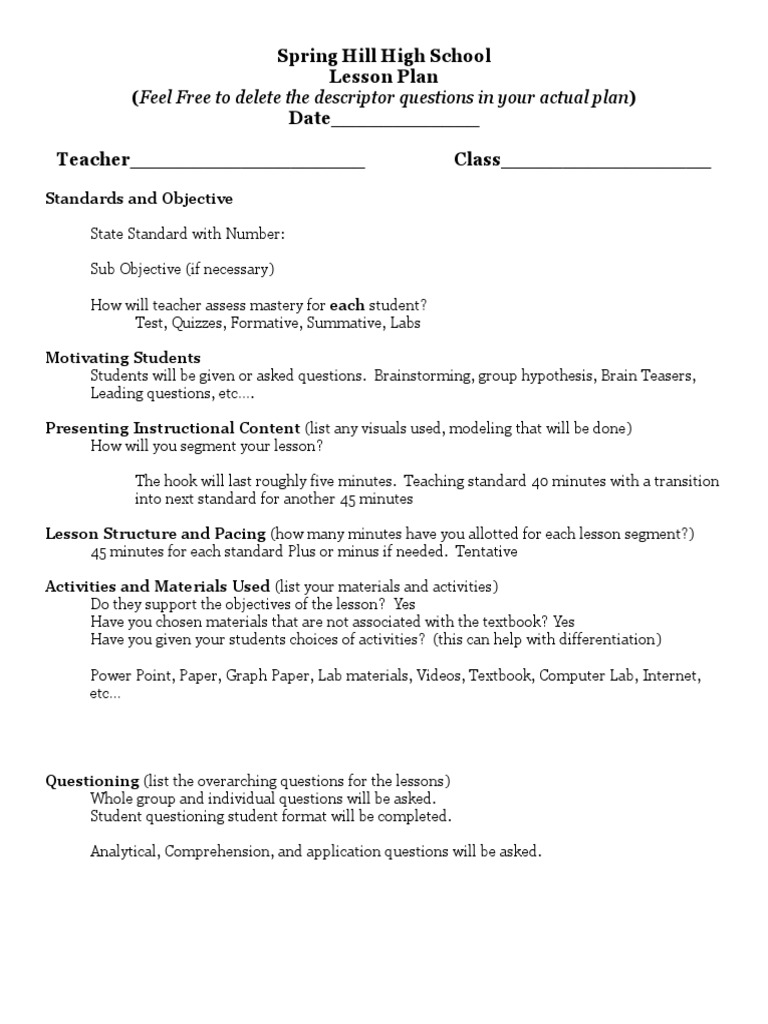 Lesson Plan Format Generic | Lesson Plan | Individualized Education Program