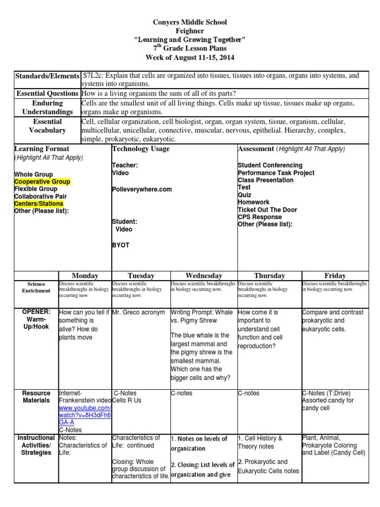 Ms Hill S Life Science Lesson Plans Cell Biology Organisms