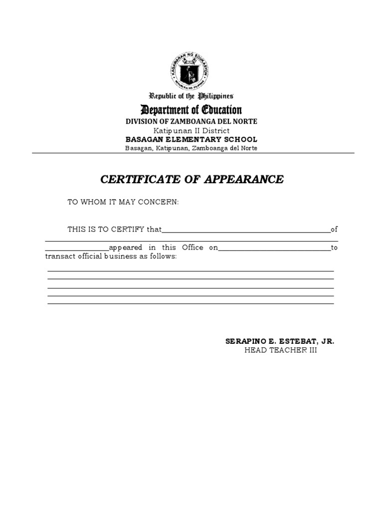 Certificate of Appearance  PDF  Philippines  Unrest In Certificate Of Appearance Template