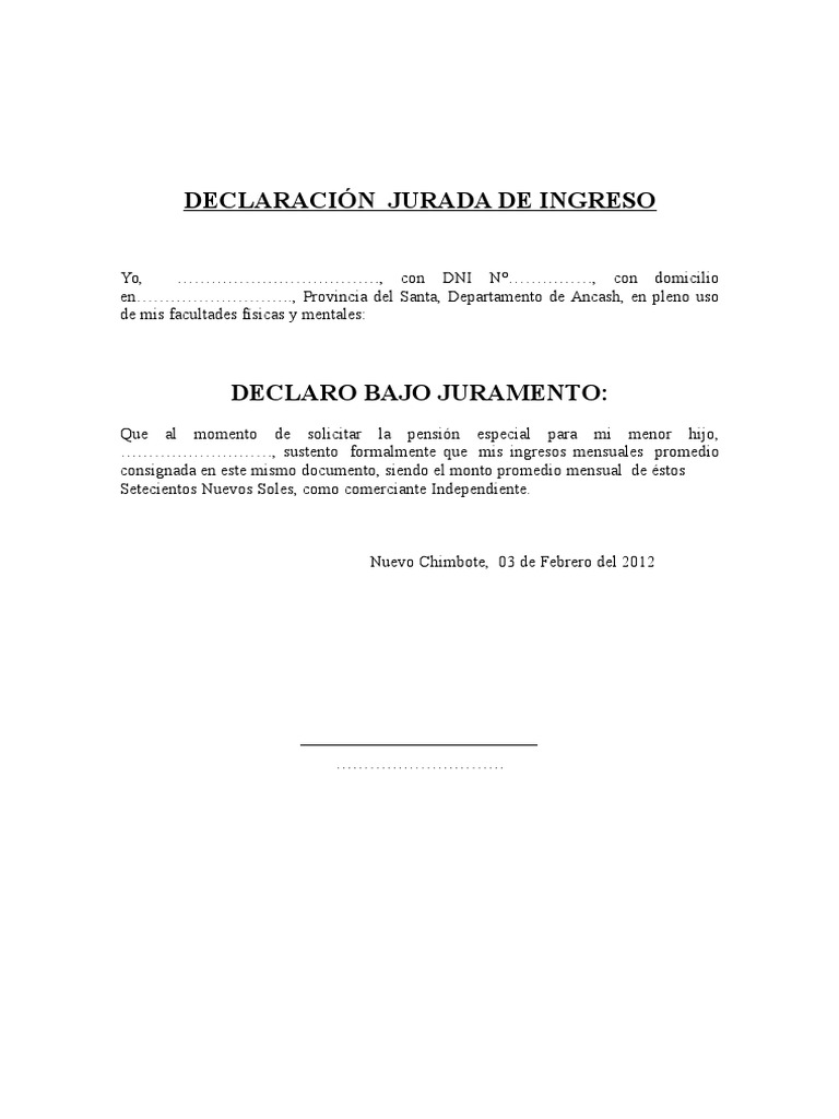 Declaración Jurada de Ingresos Mensuales | PDF