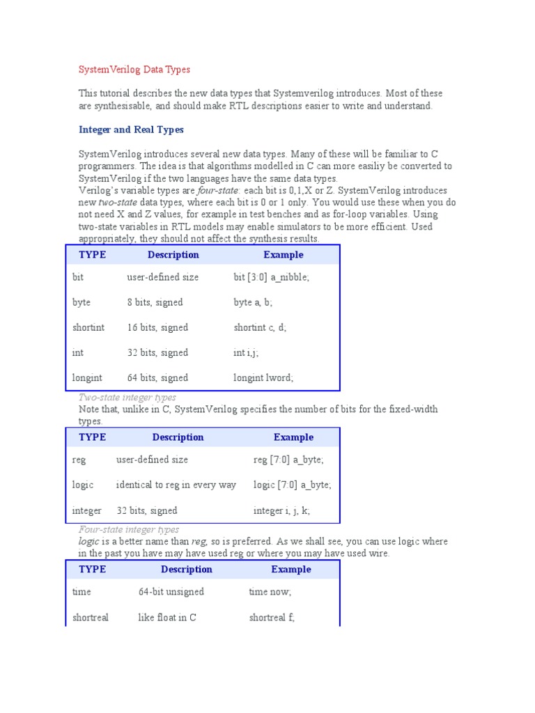 Systemverilog data types this tutorial describes the new data types pdf