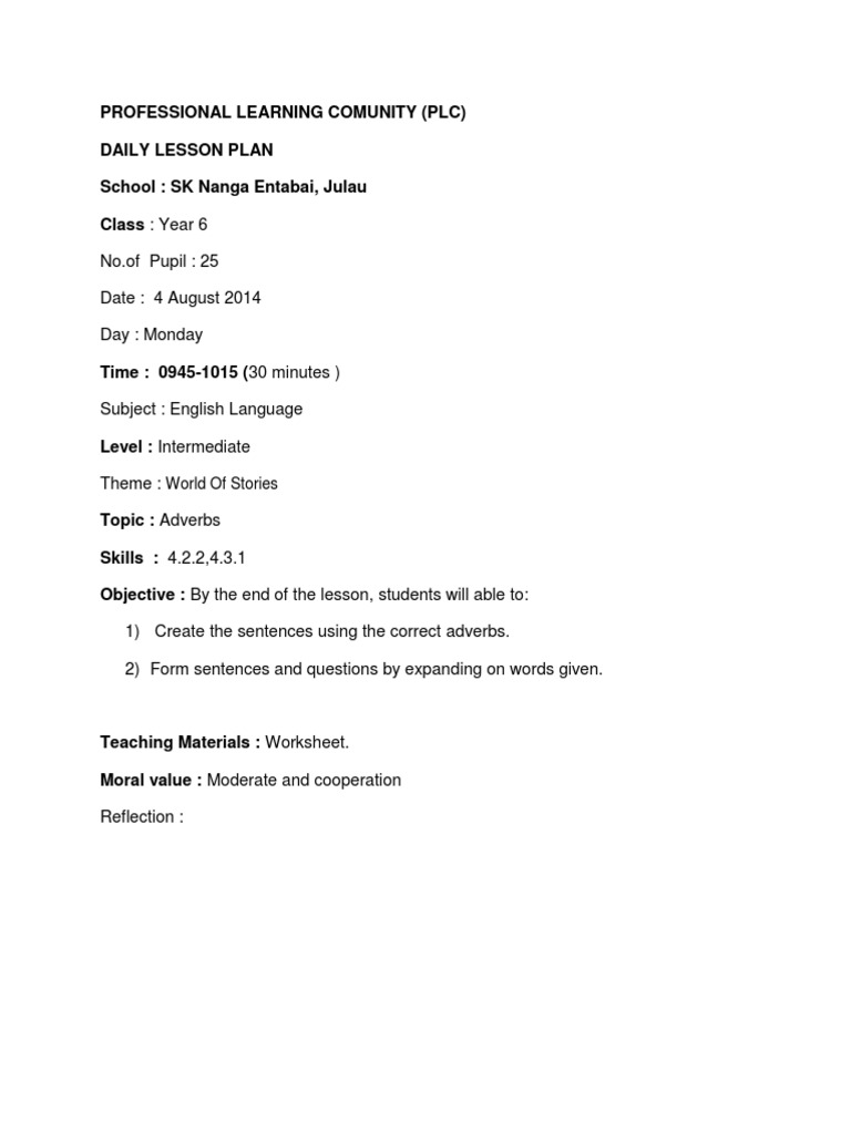 ENGLISH LESSON PLAN YEAR 6 | Lesson Plan | Question