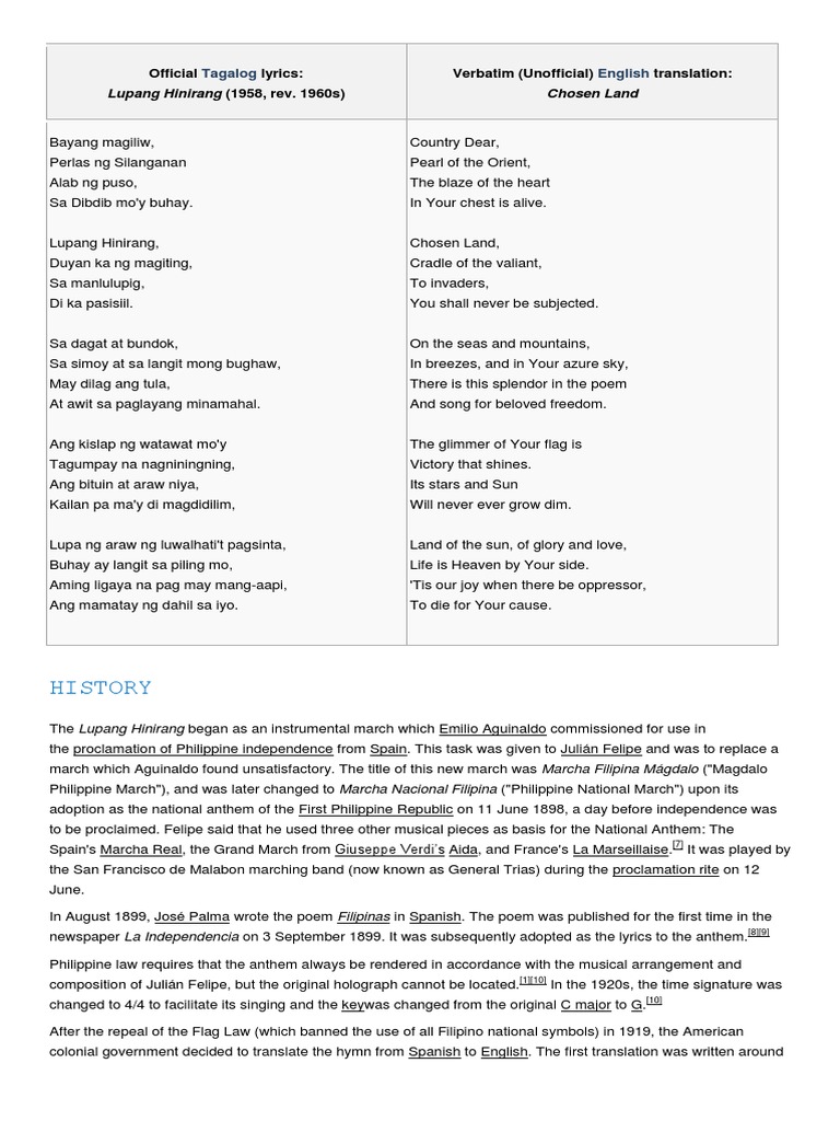 Lupang Hinirang Lyrics In Spanish Version - LYRICITA