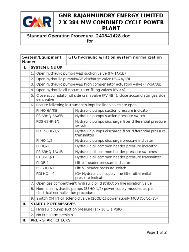 9GTG Hydraulic & Lift Oil Systems Normalization & Start Up PDF