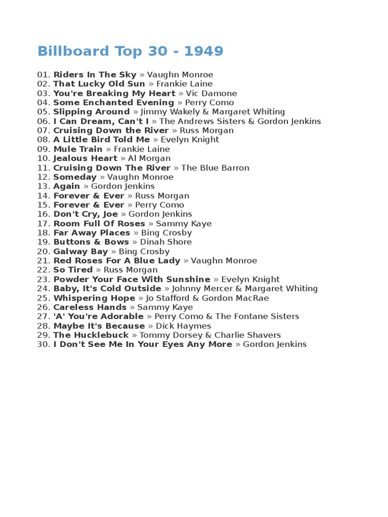 Billboard Top 30 Songs of 1949 | PDF