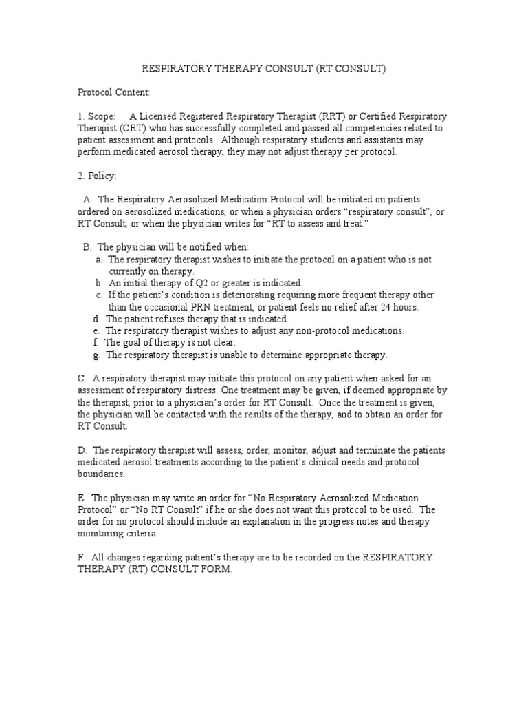 Respiratory Therapy Consultation Protocol | PDF | Psychotherapy | Cough
