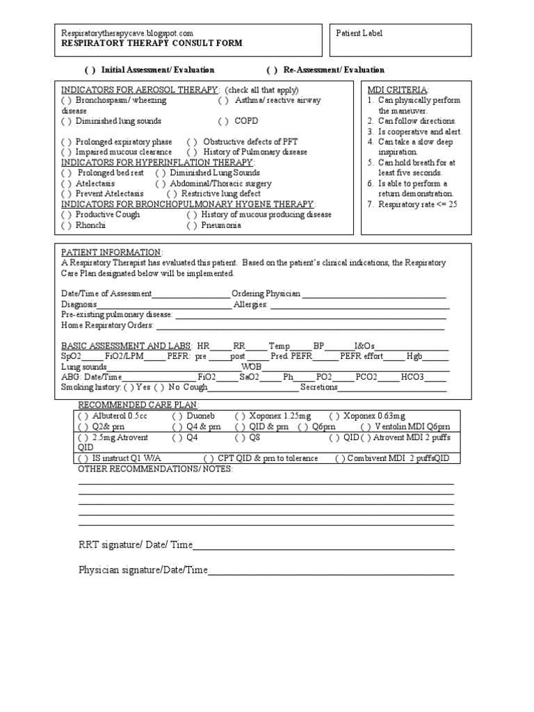 RT Consult Form Side #1 | Download Free PDF | Lung | Medical Treatments