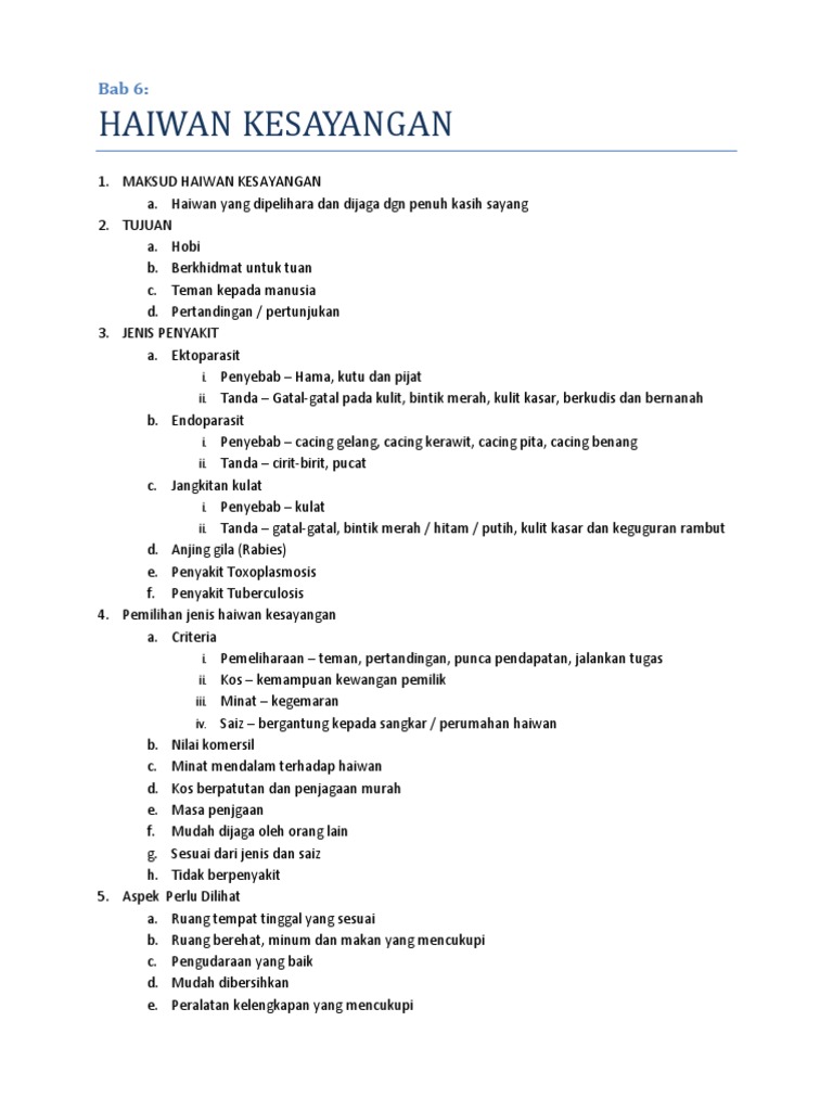 Nota KHB Pertanian Tingkatan 2 Bab 6 Haiwan Kesayangan