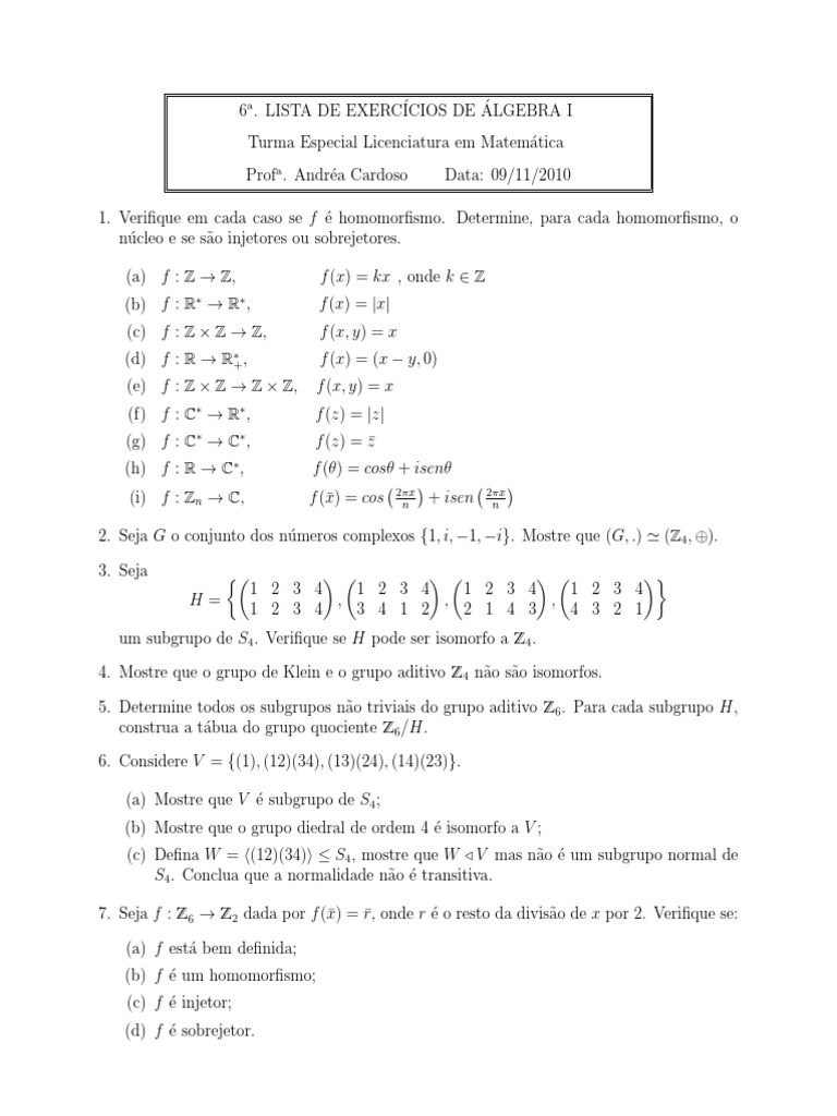 Exercícios de Álgebra | PDF | Grupo (Matemática) | Teoria dos Grupos