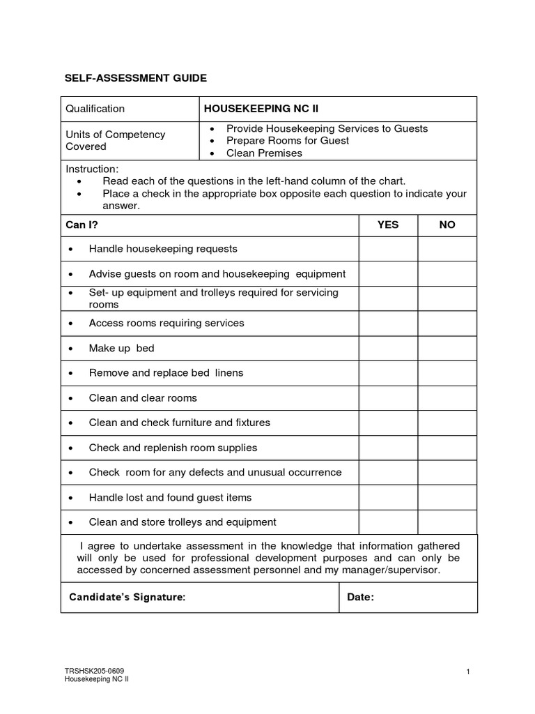 Housekeeping NC II Self-Assessment Guide | PDF | Laundry | Housekeeping