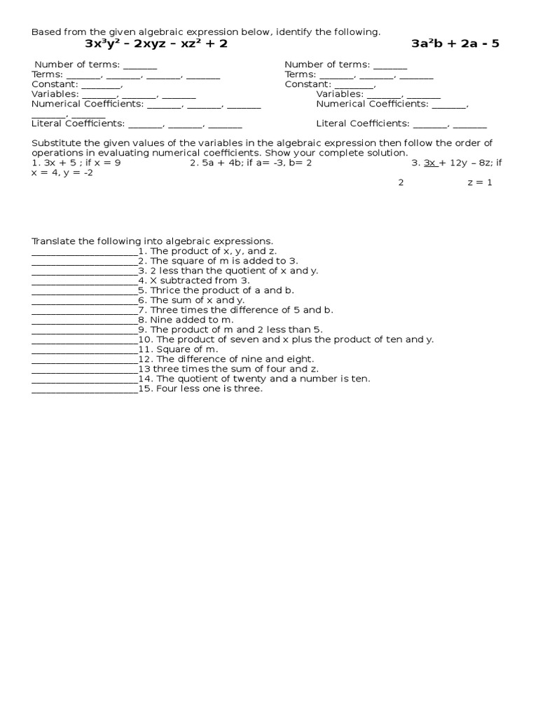 Algebraic Expression Evaluation Guide | PDF | Science & Mathematics
