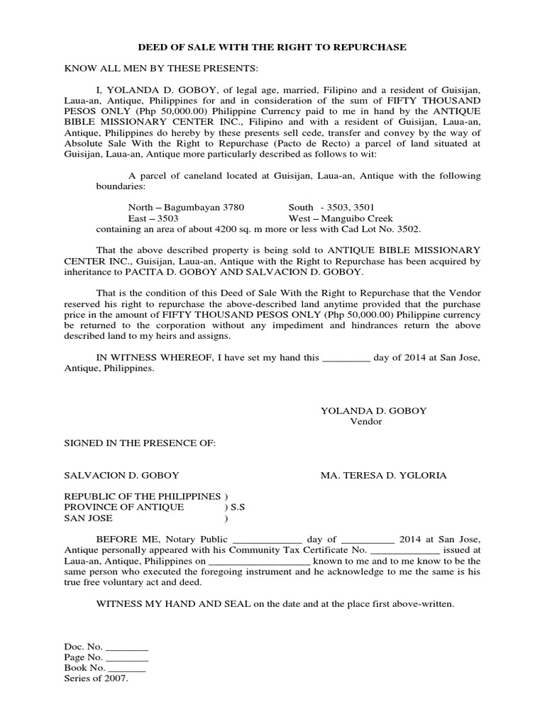 Deed of Sale With The Right To Repurchas1 PDF Deed Payments
