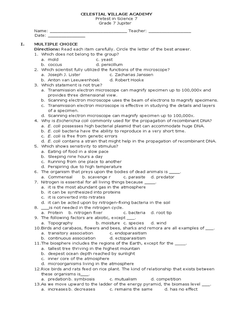 Pretest in Science 7 | PDF | Atmosphere Of Earth | Light