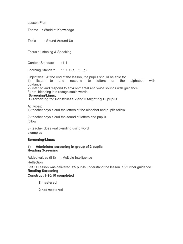 Sound Awareness Lesson Plan | PDF | Language Arts & Discipline