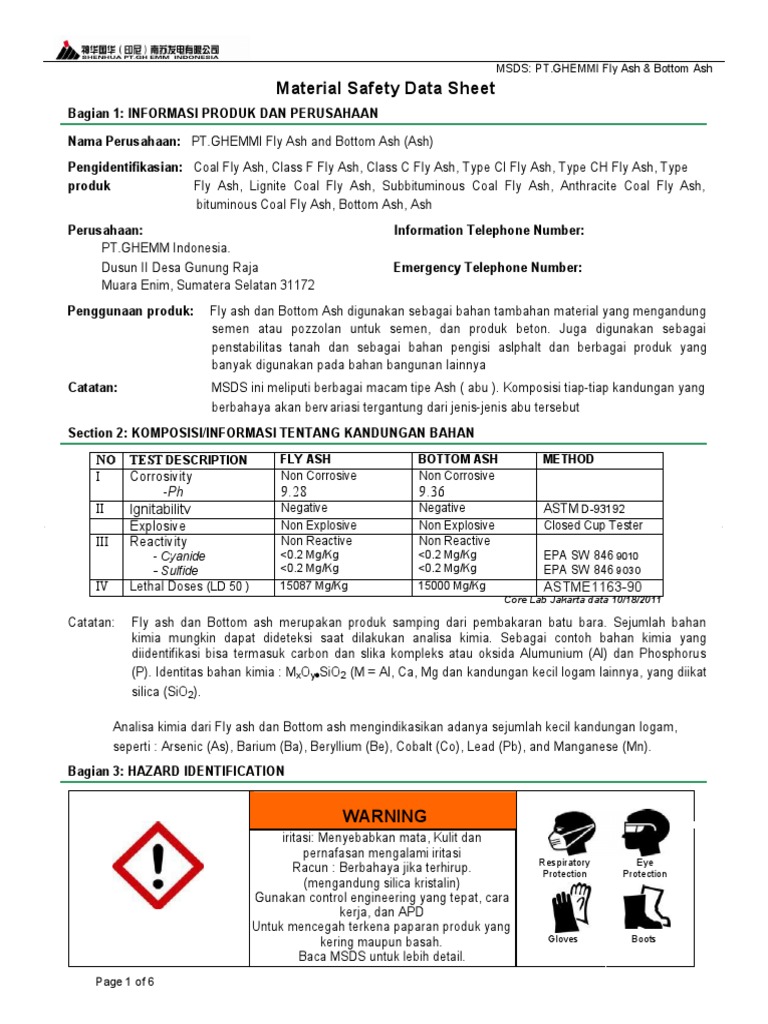 Material Safety Data Sheet MSDS Lafarge Fly Ash Bottom, 58 OFF