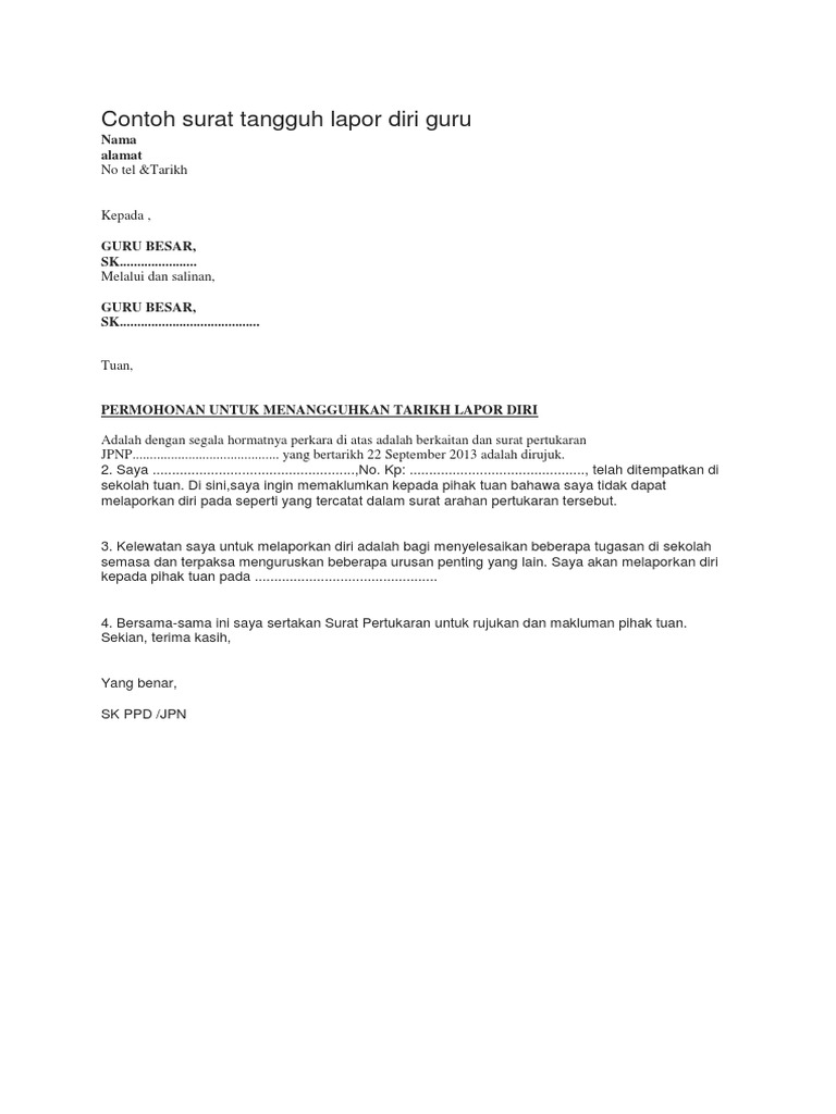 Contoh Surat Tangguh Lapor Diri Guru