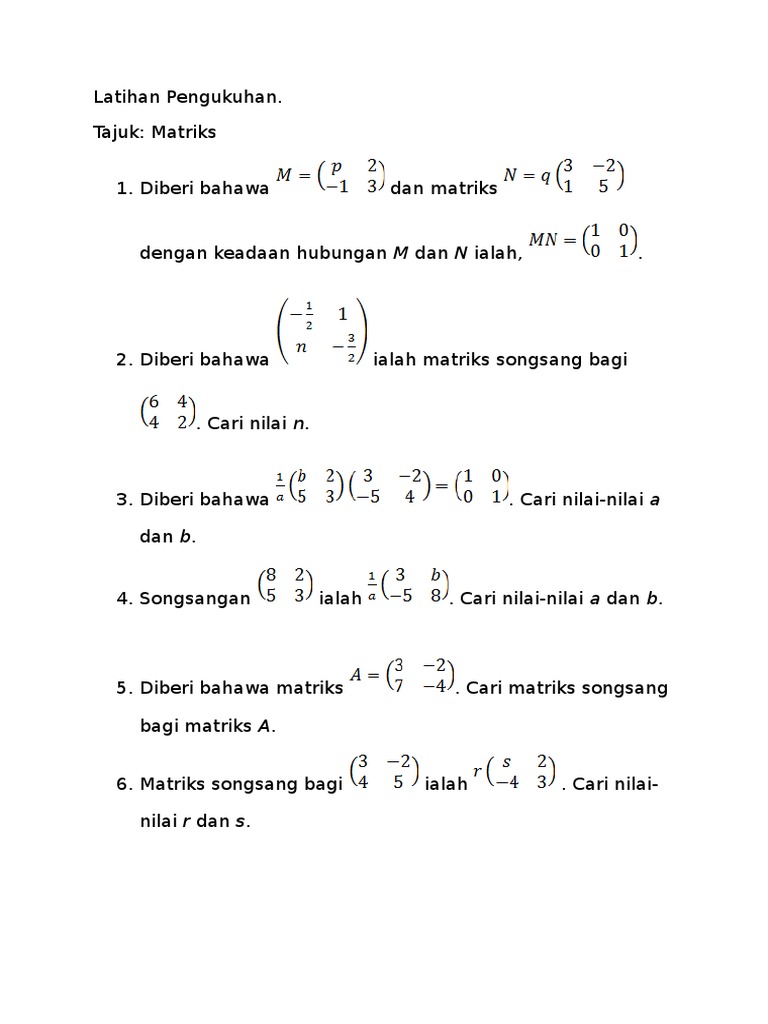 Latihan Pengukuhan Matriks Pdf