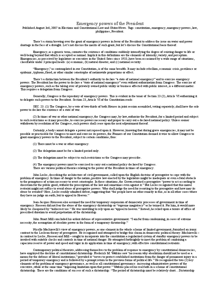 Emergency Powers of The President | PDF | United States Congress ...