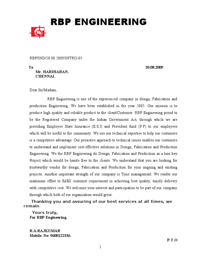 For a company presentation letter