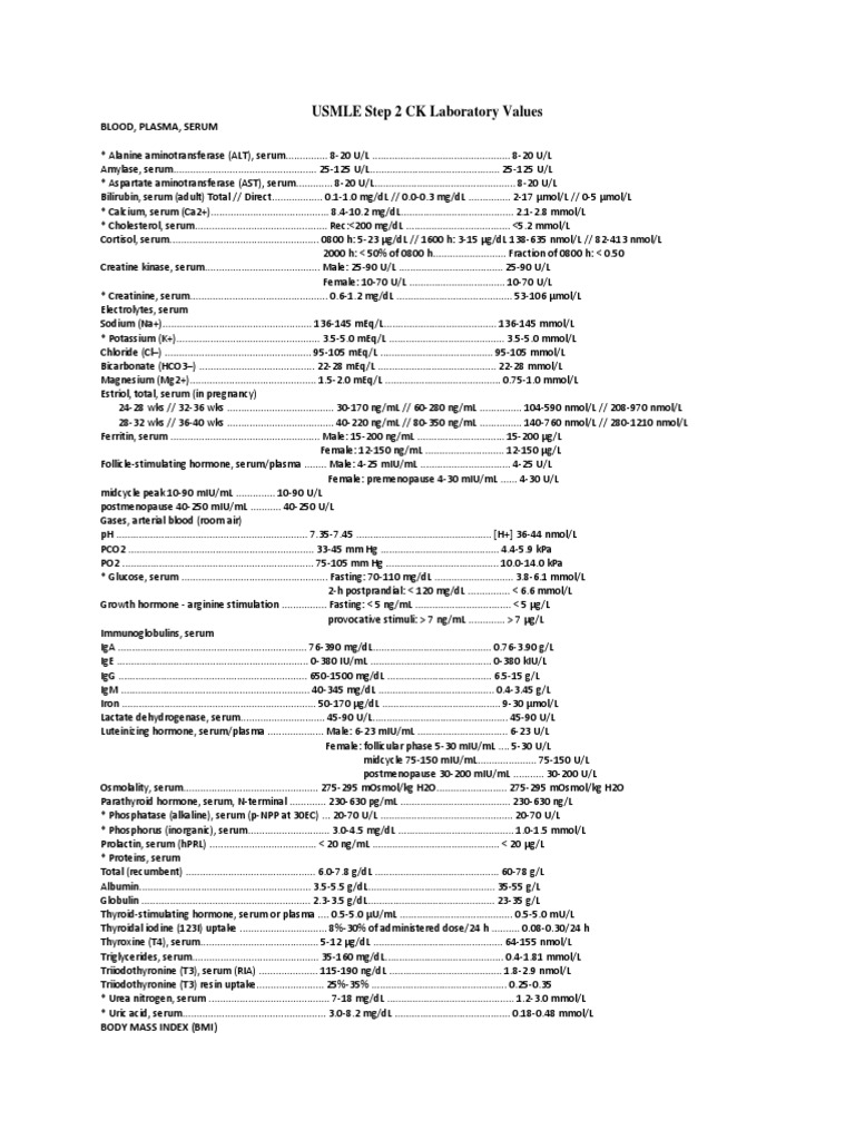 USMLE Step 2 CK Lab Values Guide | PDF
