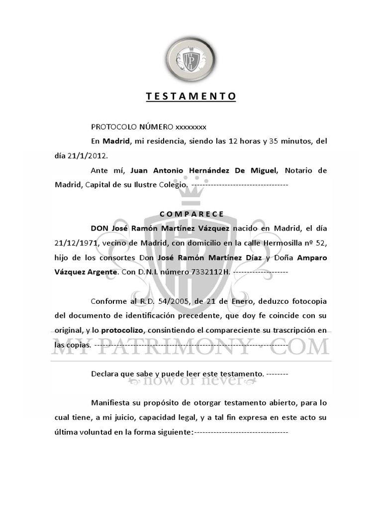 Ejemplo Testamento Voluntad y testamento Instituciones sociales