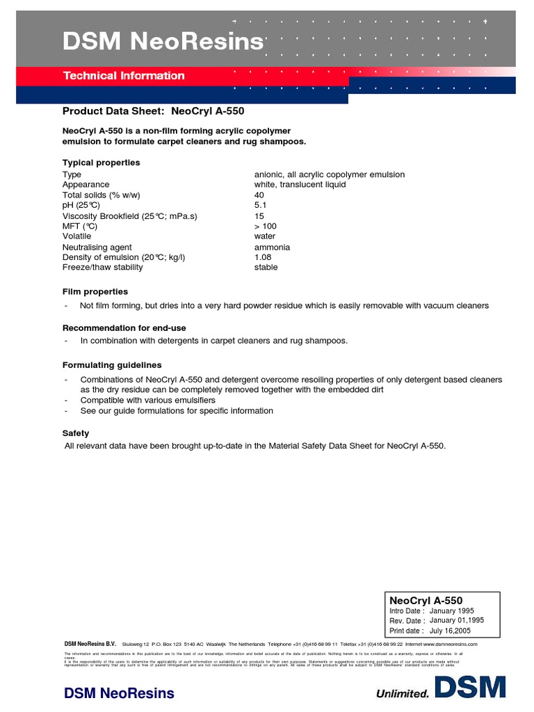 NeoCryl A-550 Product Overview | PDF | Emulsion | Chemistry