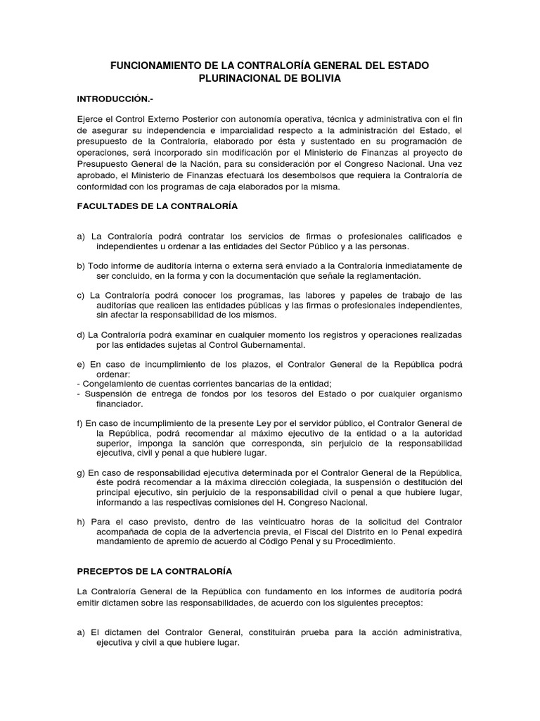 Funcionamiento De La Contraloria General Del Estado Plurinacional