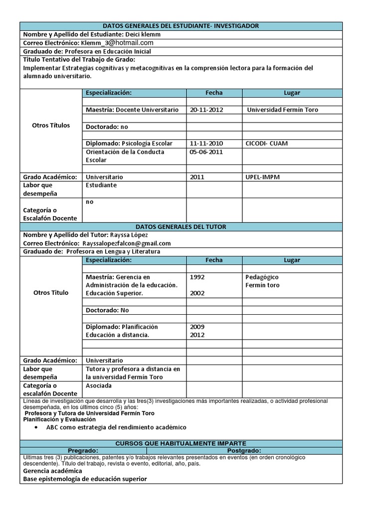 Datos Generales del Estudiante y Tutor | PDF | Maestros | Titulo academico
